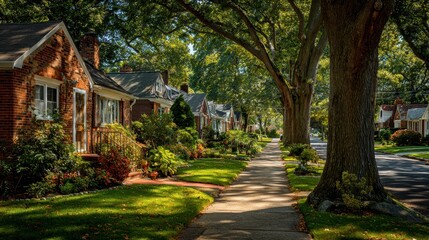 Houses with lawns line a sidewalk under the shade of large, leafy trees. It's ideal for illustrating idyllic suburban living or real estate opportunities.