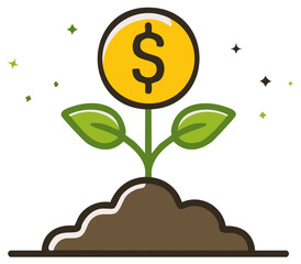 Golden dollar coin growing on a plant from soil illustrating financial investment and wealth creation