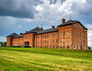 Historic brick building on grassy plains