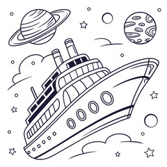Whimsical cruise ship sailing through a starry outer space with planets and clouds in a playful cartoon style illustration perfect for children s themes and imaginative concepts
