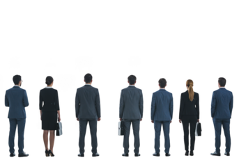 Group of professionals in suits standing back to camera against a dark backdrop transparent background