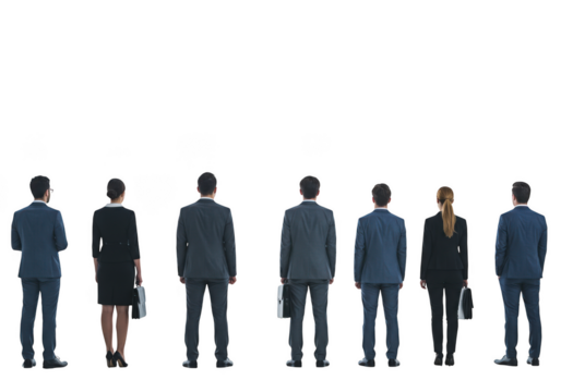 Group of professionals in suits standing back to camera against a dark backdrop transparent background