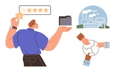 Man holding star rating and file, industry with smoke, hands assembling puzzle. Ideal for teamwork, collaboration, efficiency, quality management, environmental sustainability, problem-solving