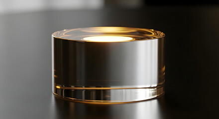 Close up of a glowing candle in a clear glass holder