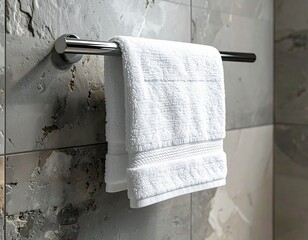 Close-up shot of a dark white hand towel with textured weave hanging on a brushed steel towel bar. Minimalist bathroom design with stone background