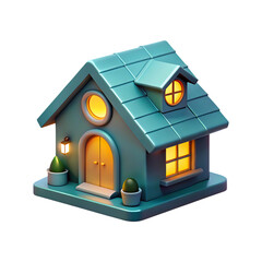Charming teal 3d rendered house with glowing windows and small plants transparent background