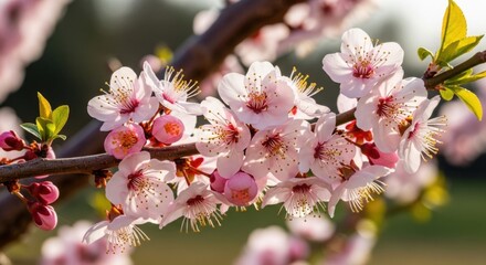 Fototapeta premium Beautiful Cherry Blossoms Blooming on a Branch in Spring Sunlight