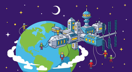 International Space Station orbiting Earth with astronauts performing tasks.