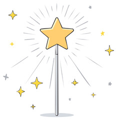 Sparkling magic wand with yellow star and radiating light surrounded by twinkling stars