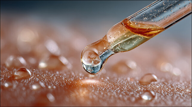 Close up view of dropper releasing transparent liquid onto textured surface, showcasing intricate details of liquid and surrounding droplets. image conveys sense of precision and clarity