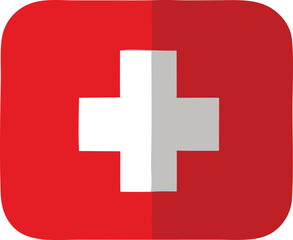 Red square icon with white cross symbol for medical emergency aid and swiss healthcare