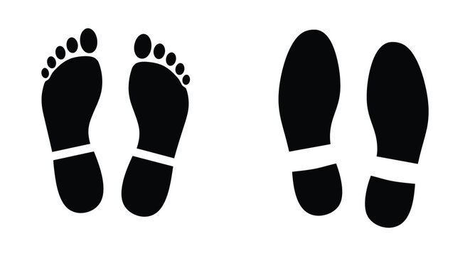 Black footprints illustrating bare feet and shoes walking forward
