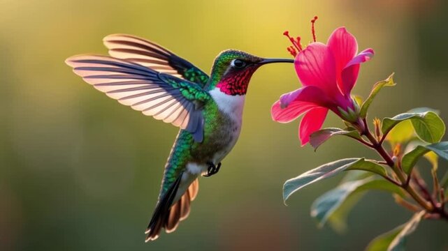 Colorful hummingbird flying while sipping nectar from red flower in nature