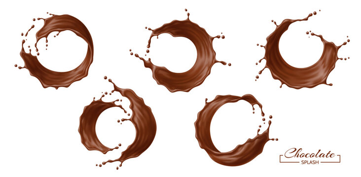 Round circle chocolate drink wave splashes set. Realistic 3d vector liquid round frames. Cocoa milk, melted cacao or coffee drink swirls. Isolated Brown choco dessert wave, flow streams with splatters