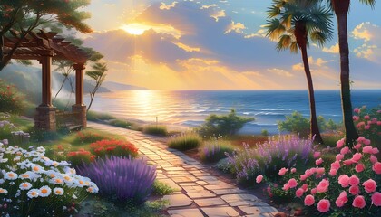 Idyllic coastal garden path bathed in golden sunset light with vibrant flowers and palm trees overlooking the shimmering ocean