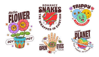 Groovy hippie characters stickers or t shirt print. Vector set of psychedelic, surreal, funky cartoon flowers, snake and heart, trippy faces, cosmic planet and mystical hand with expressive typography