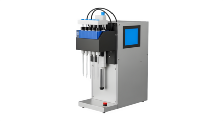 Automated liquid handler isolated on transparent background, a precision instrument for scientific research and laboratory automation process