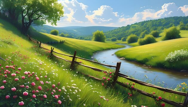 Idyllic countryside landscape with winding stream and wooden fence under a bright blue sky with fluffy clouds