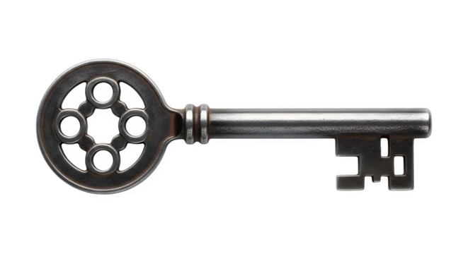 Antique skeleton key isolated on transparent background, a vintage object symbolizing access, security, and history, with intricate design and aged metal