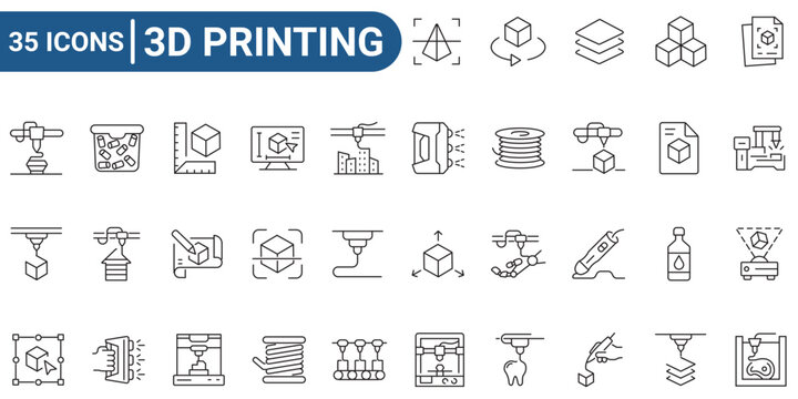 Set of 35 outline icons related to 3d printing. Linear icon collection. Editable stroke. Vector illustration. pictogram collection.