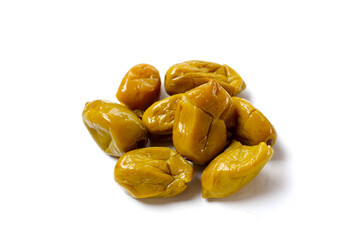 Pickled olives with a salty and slightly sour taste.