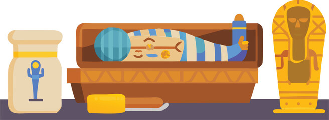 Inside an Egyptian tomb, a mummy lies in a sarcophagus with various ancient tools displayed nearby.