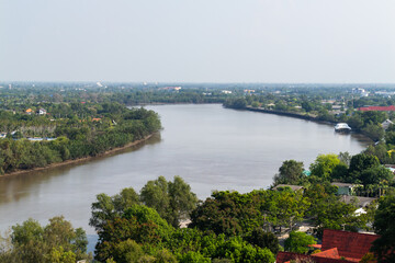 Fototapeta premium Exploring serene river landscape rural area nature calm environment panoramic view