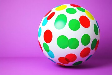 Close up of white beach ball with colorful dots on purple background