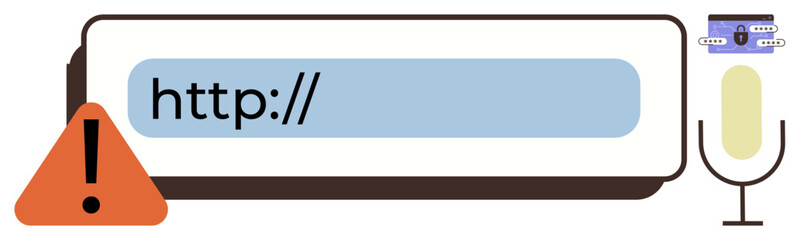 Address bar displaying http with a warning icon, microphone for voice input, and AI circuit panel. Ideal for cybersecurity, web navigation, digital communication, AI, automation, user safety