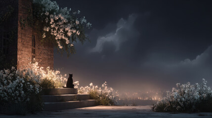 Gardener tending bonsai plants sits quietly near stone stairway surrounded by white flowers under dark cloudy sky at night
