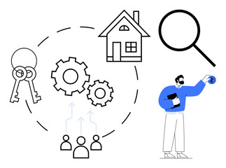 Keys, house, magnifying glass, gears, and people icons representing real estate, teamwork, research, housing property management. Ideal for real estate marketing property research teamwork