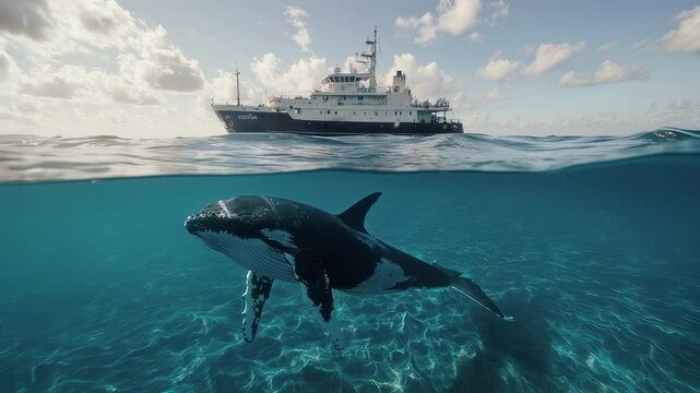 Majestic orca swims below research vessel on vibrant ocean surface under sunny skies