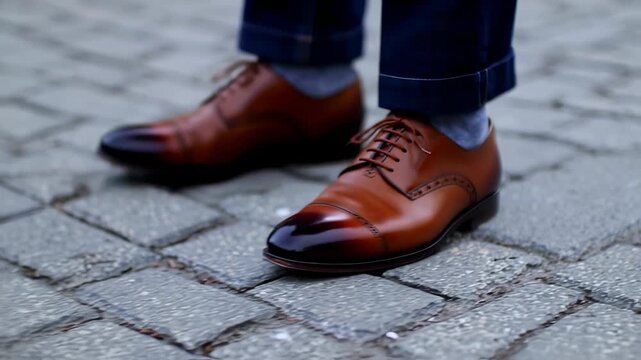 Brown leather shoes on a cobblestone street