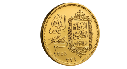 An old gold coin with arabic inscriptions isolated on transparent background, a valuable relic of a bygone era, showcasing the rich history and culture
