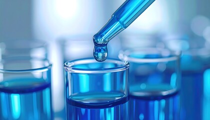 Close-up of a blue liquid being dispensed into test tubes