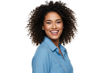 Woman smiling wearing a blue button shirt on transparent background