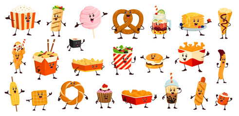 Obraz premium Cartoon funny fast food characters and personages. Vector popcorn, cotton candy, pretzel and bubble tea cup. Sushi, burger, fries, tacos and wok box with noodles. Pancakes, churros, waffle and corndog