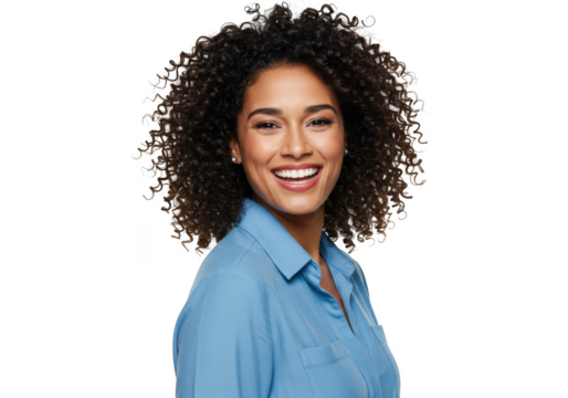Woman smiling wearing a blue button shirt on transparent background