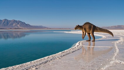 Fototapeta premium A dinosaur standing by a turquoise lake with white salt flats under a clear blue sky