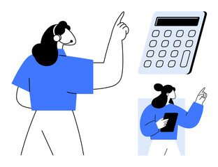 Two women gesturing toward a calculator, symbolizing learning, finance, teamwork, education, planning, productivity, problem-solving. Ideal for tutorials workshops budgeting training scenarios
