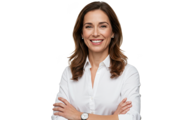 Smiling woman in white shirt portrait on transparent background