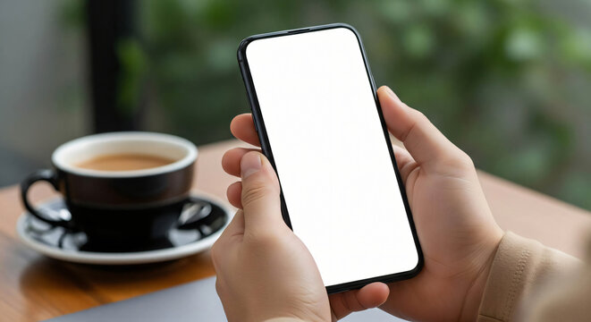 Hands Holding Modern Smartphone with Blank Screen Next to Coffee Cup on Wooden Table Mockup