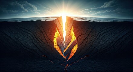 Dramatic fissure in the earth's surface, revealing incandescent lava, against a dramatic twilight sky.