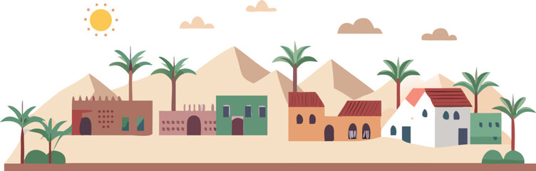 A scenic view of a desert village with palm trees and houses, showcasing the arid landscape.