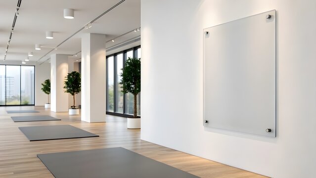 Bright and spacious minimalist yoga studio featuring multiple mats and a blank transparent sign board mockup on the white wall, ideal for modern branding