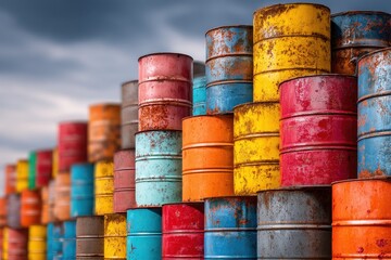 Stacks of colorful, rusty metal barrels under a cloudy sky fill the frame. Perfect for illustrating industry, pollution, waste, or recycling concepts.