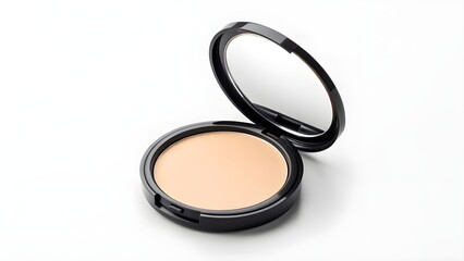 Open face powder compact with a clear mirror on an isolated white background, perfect for a cosmetic product mockup or beauty branding