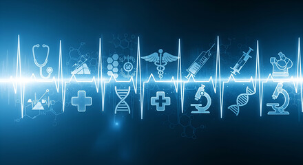 Obraz premium Dynamic medical heartbeat graphic with healthcare icons and DNA science