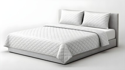 Modern white quilted bed with two pillows in a minimalist bedroom mockup, showcasing clean lines and comfortable bedding for a serene atmosphere