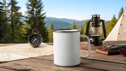 White enamel mug mockup on a rustic wooden table in a scenic mountain camping setting with lantern and compass for custom design